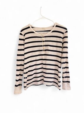 J. Crew Womens Waffle Thermal Henley Top Shirt Striped Blue Ivory Gold Button M